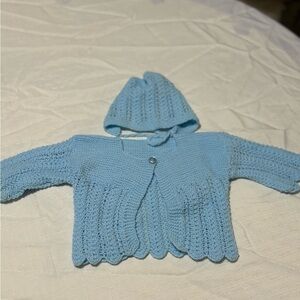 Vintage Blue Knitted Baby Cardigan and Hat Set